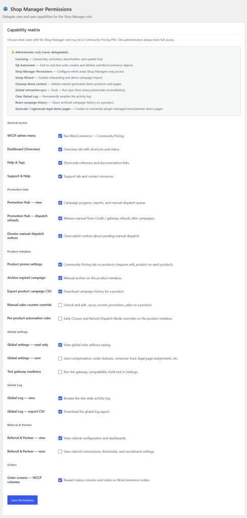 7.3 - Shop Manager permissions setting page